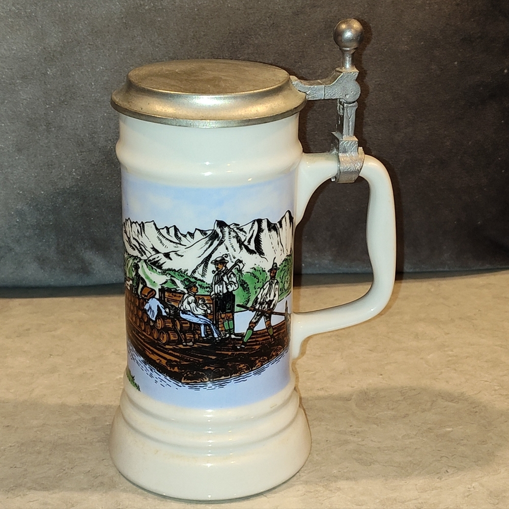 RASTAL GERMAN PORCELAIN LIDDED BEER STEIN WITH LITHOPLANE OF GERMAN SCENERY